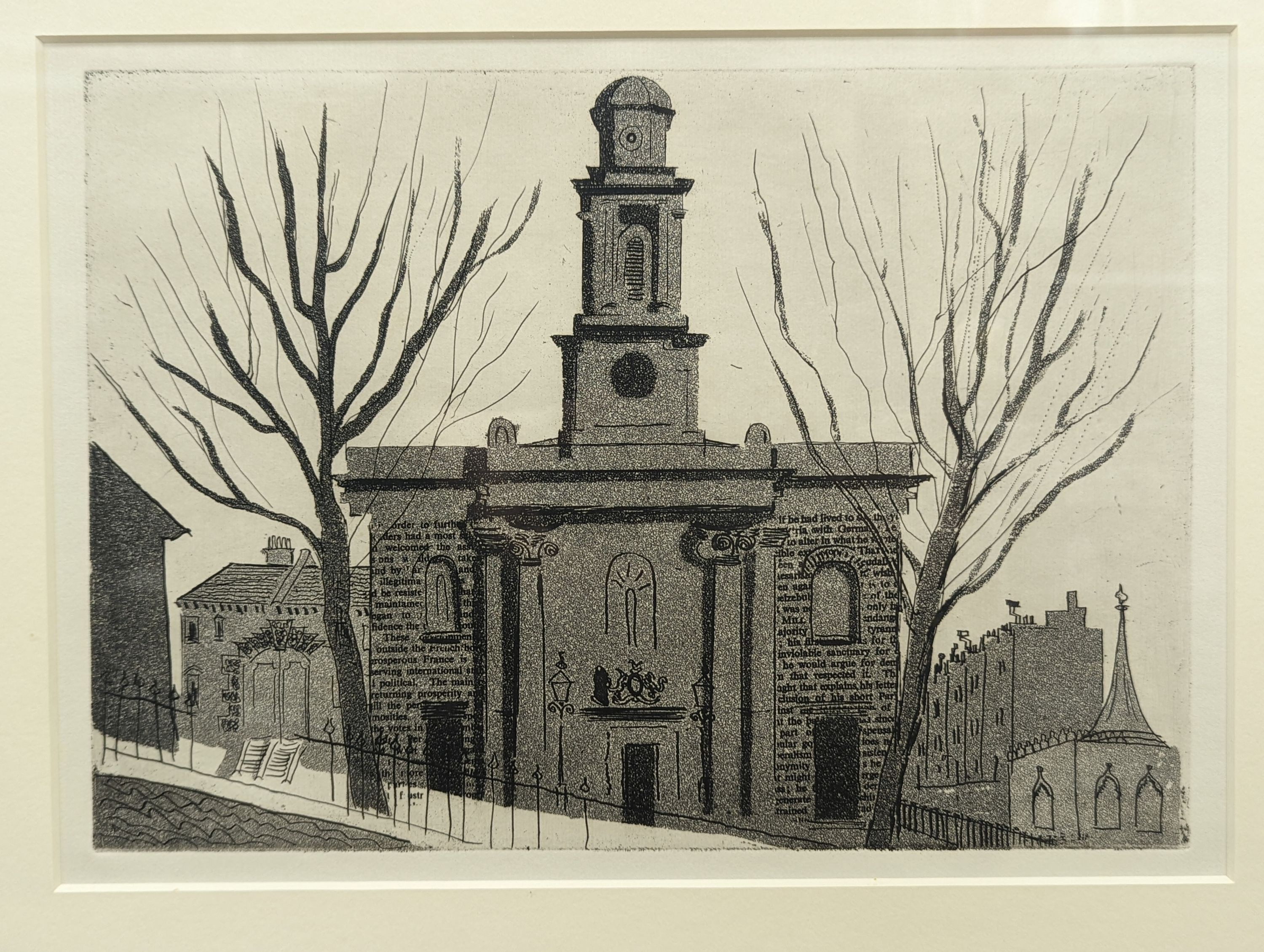 John Piper (1903-1992), etching and aquatint, ‘The Chapel of St George, Kemptown’, from the Brighton Aquatints Series, edition of 255, Goldmark Gallery label verso, 20 x 27cm